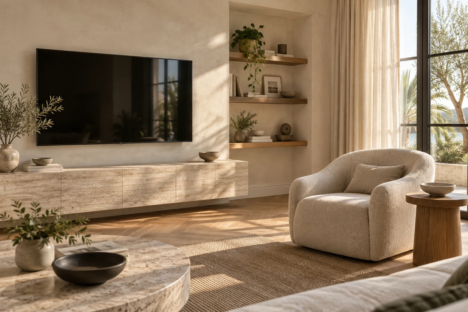 Interior illustration of a sunlit living room with a mounted TV, oak furniture and linen curtains.